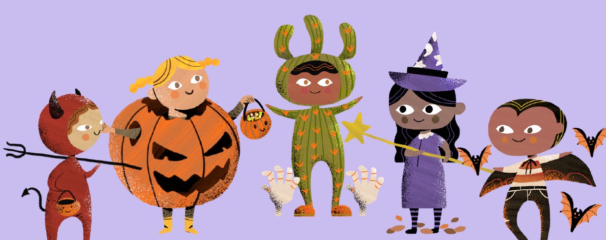Crianças disfarçadas de diabinho, abóbora, monstro, bruxa e vampiro